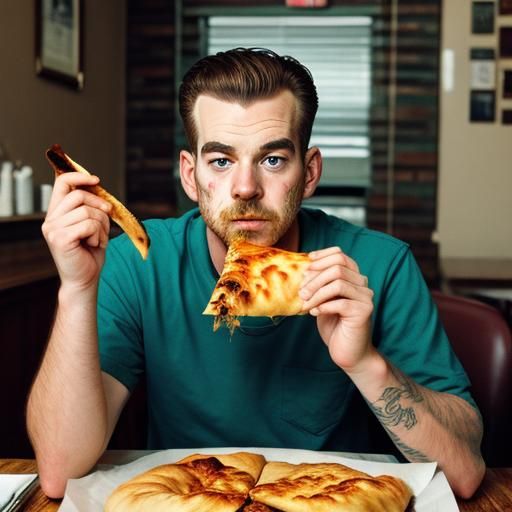 Man Eating a Calzone