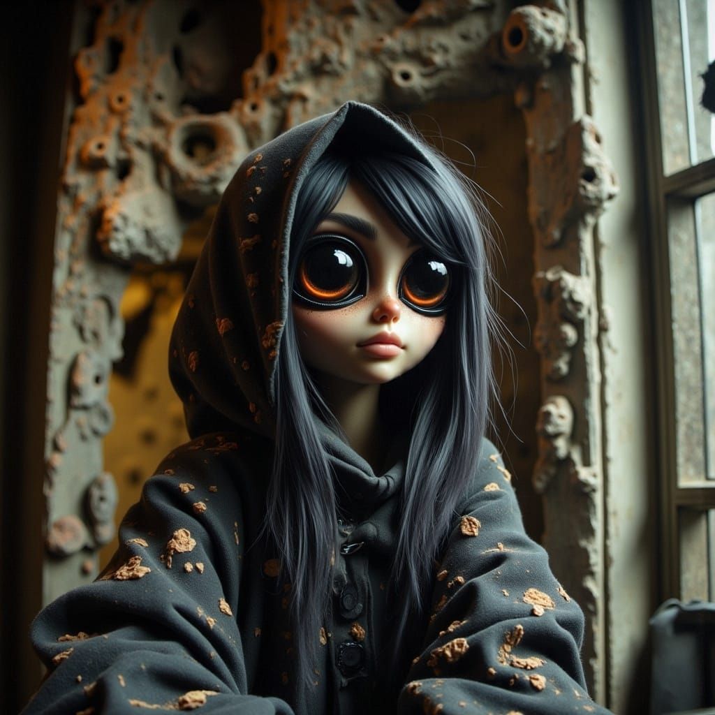 Young Woman in Patchwork Cloak with Bulging Eyes Amidst Ruin...