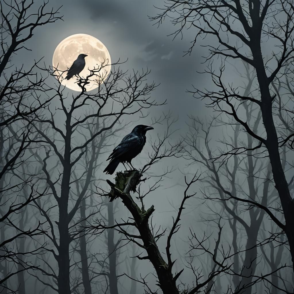 Raven in Misty Forest Under Full Moon