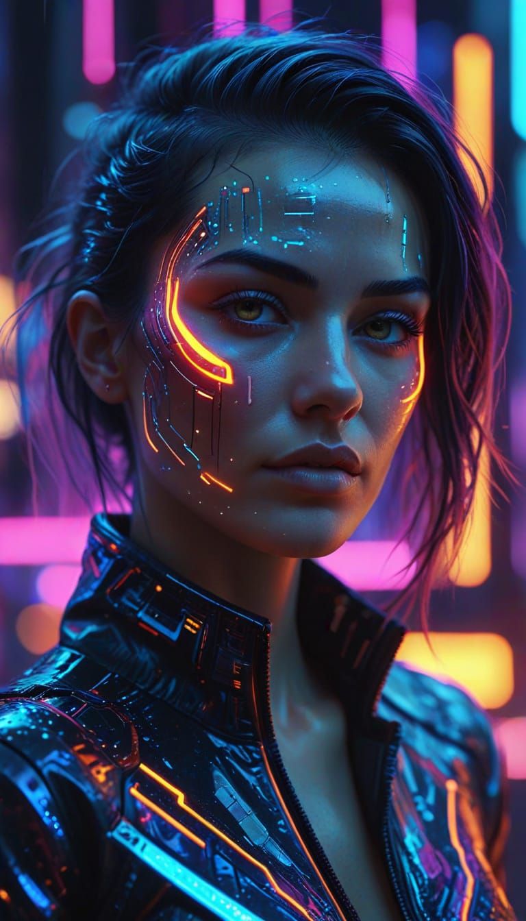 Cyberpunk Portrait Blending With Neon Cityscape