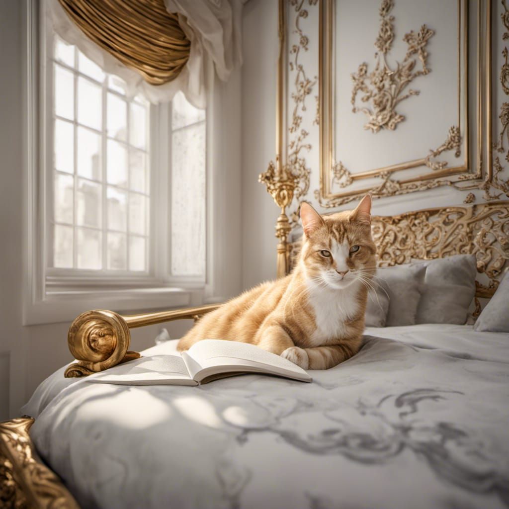 Opulent White and Gold Bedroom with Lounging Cat