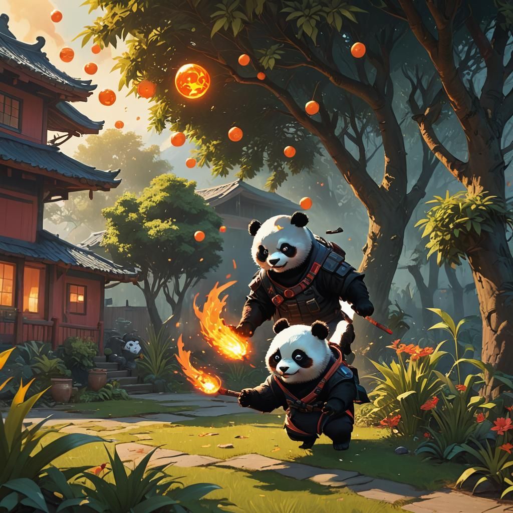 Ninja Panda and Fire Kitten: Fantasy Concept Art