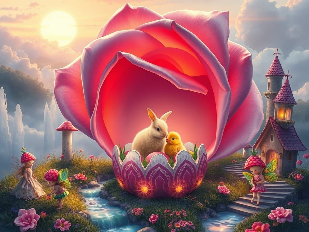 Bunny and Chick Decorate Easter Egg in Rose