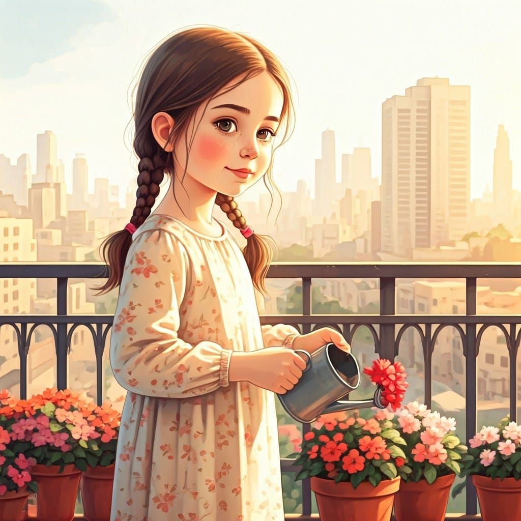 Impressionist Haredi Girl Waters Flowers on Balcony Over Bus...