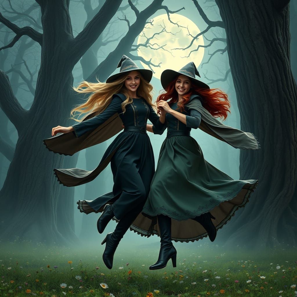 Twin Witches Dancing in Moonlit Forest