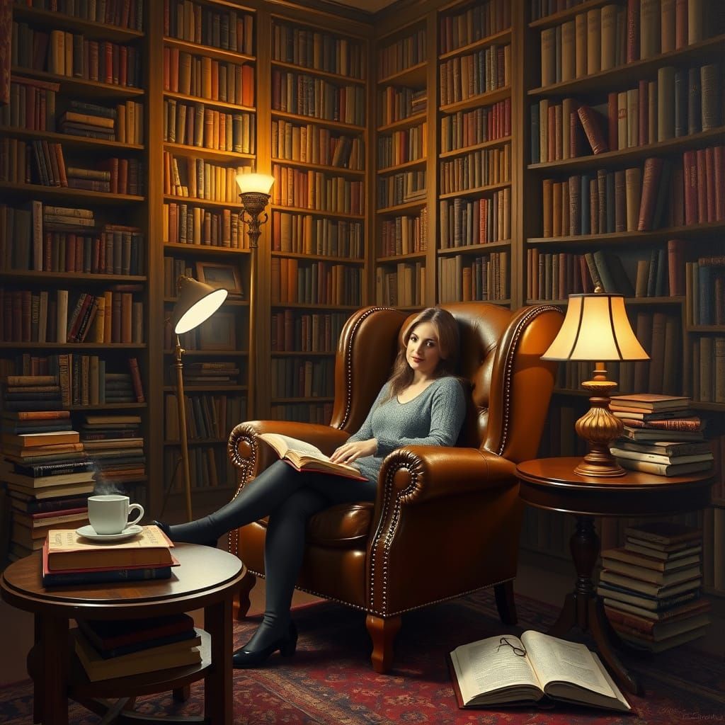 Cozy Reading Nook in Oil Painting Style