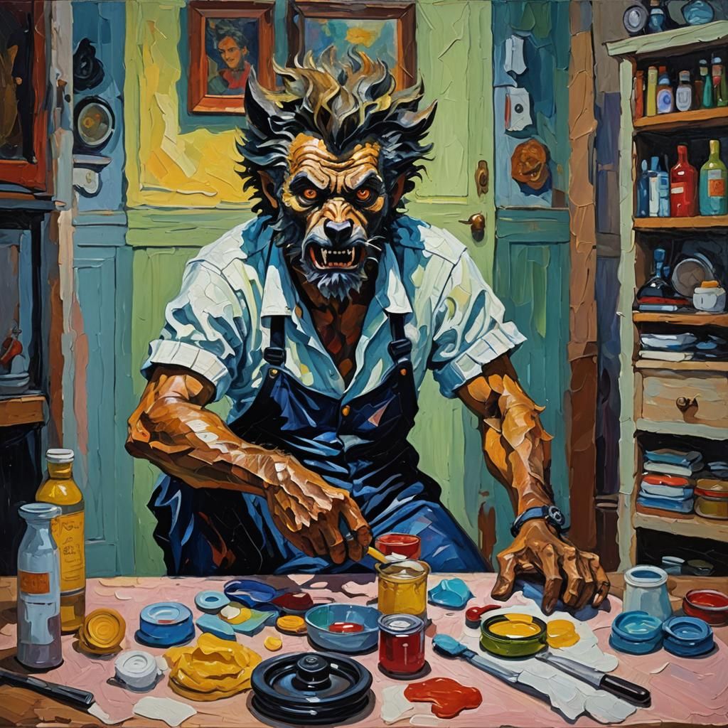 Werewolf at Home: Neo-Impressionist Oil Painting