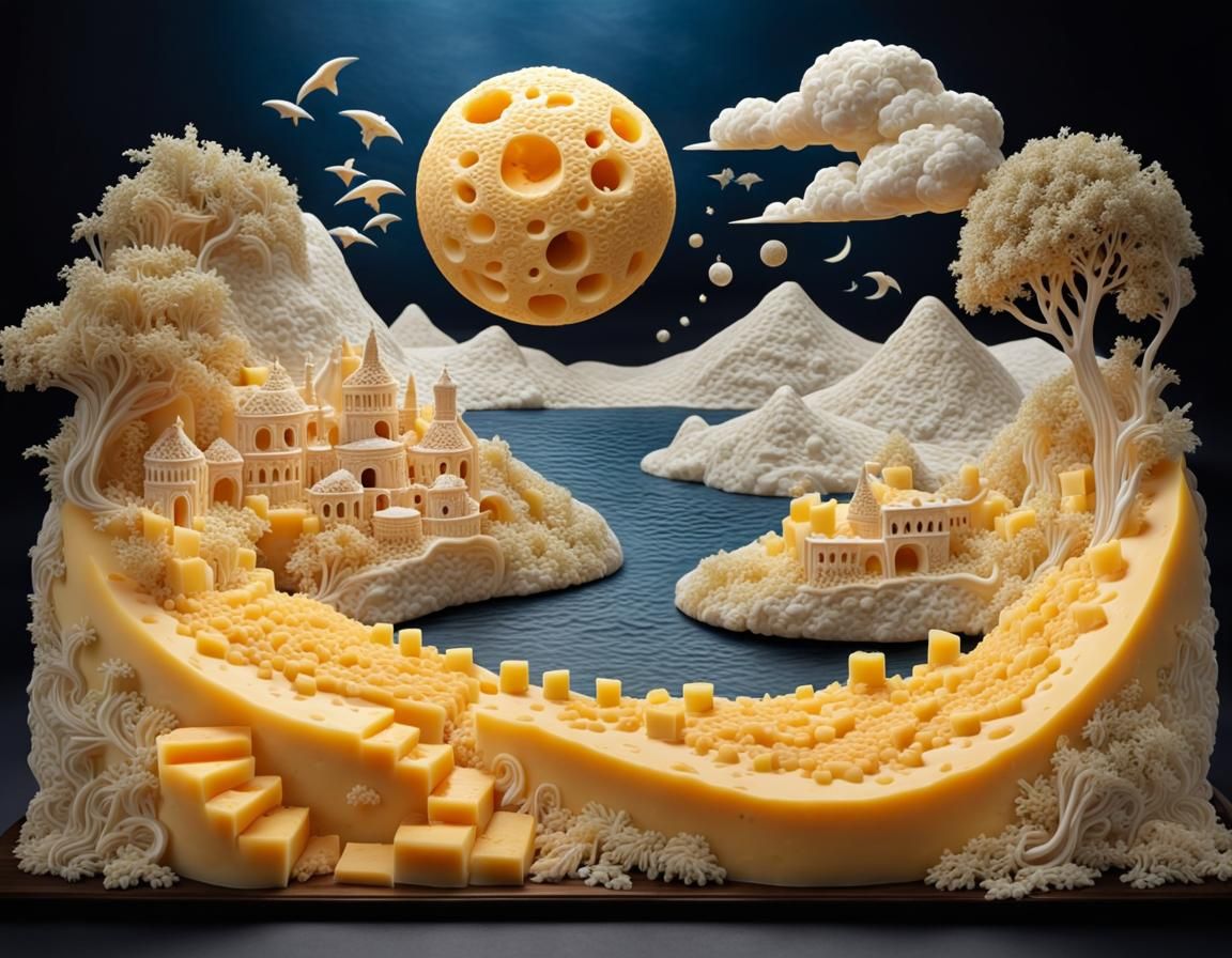 Hyperdetailed Cheese Moon Landscape with Mustard Sea