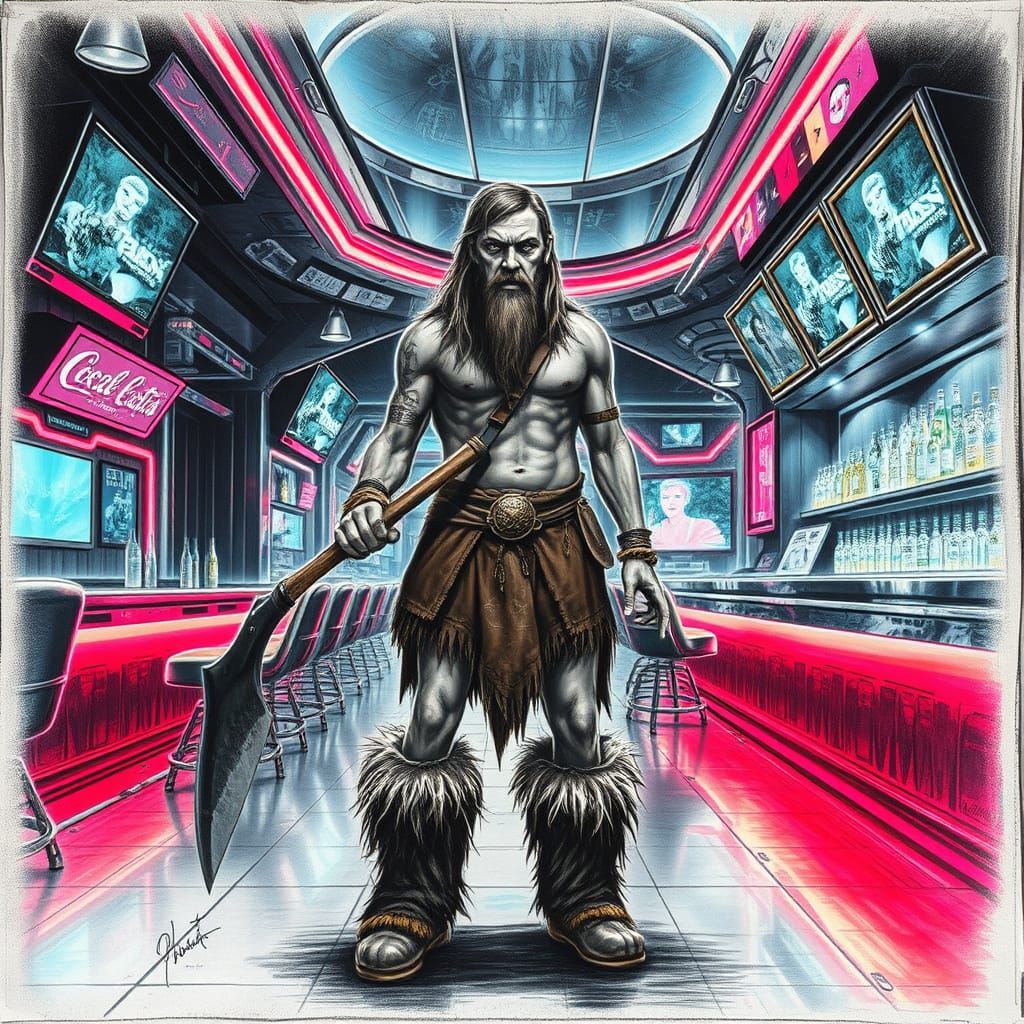 Prehistoric Man in Futuristic Bar, Charcoal Drawing