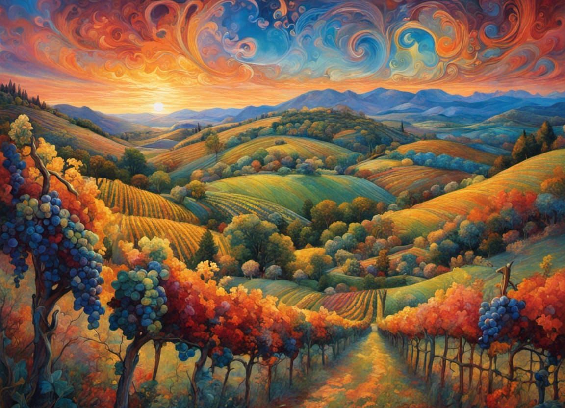 Whimsical Vineyard with Rolling Hills: Marbled Ink Painting