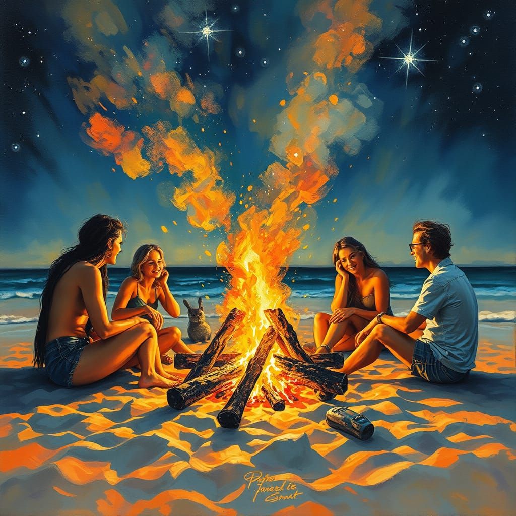 Bonfire on Beach Under Starry Sky: Impressionist Art