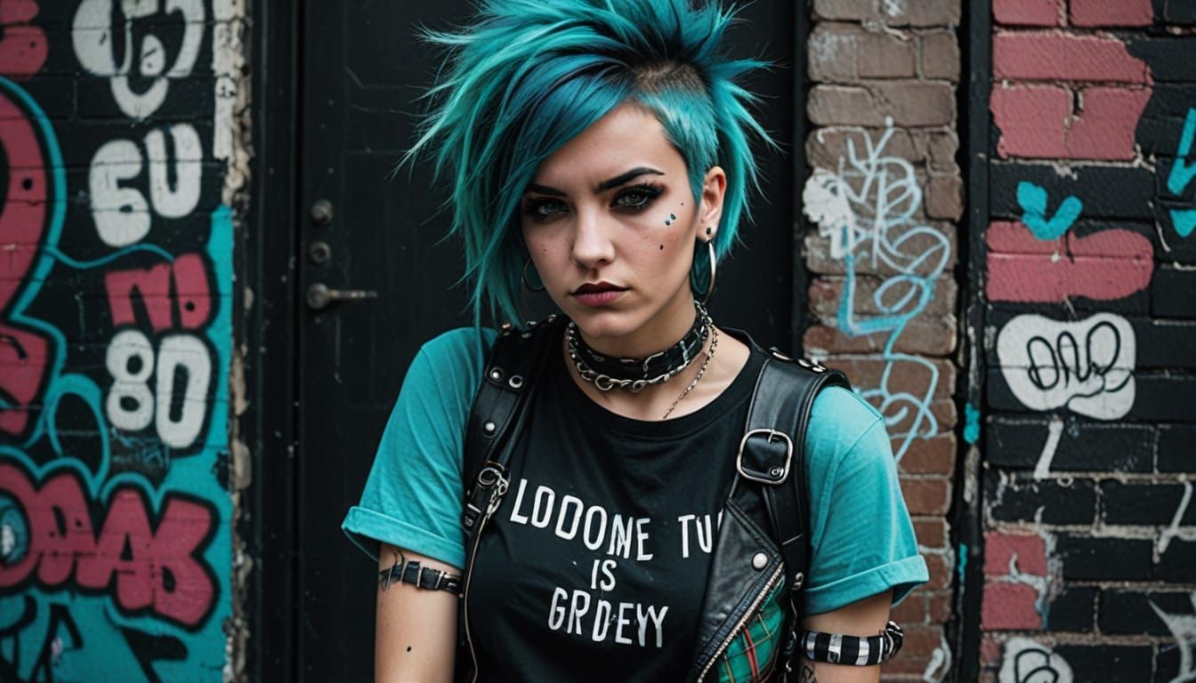 Punk Girl Portrait with Cyan Hair in Graffiti Art Style