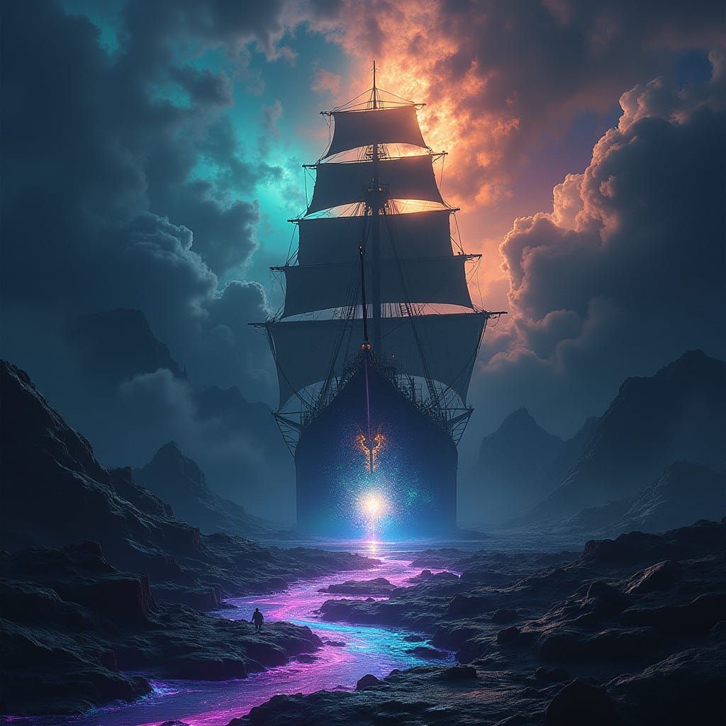 Ethereal Chiaroscuro Scene of Radiant Ship and Shimmering Fi...