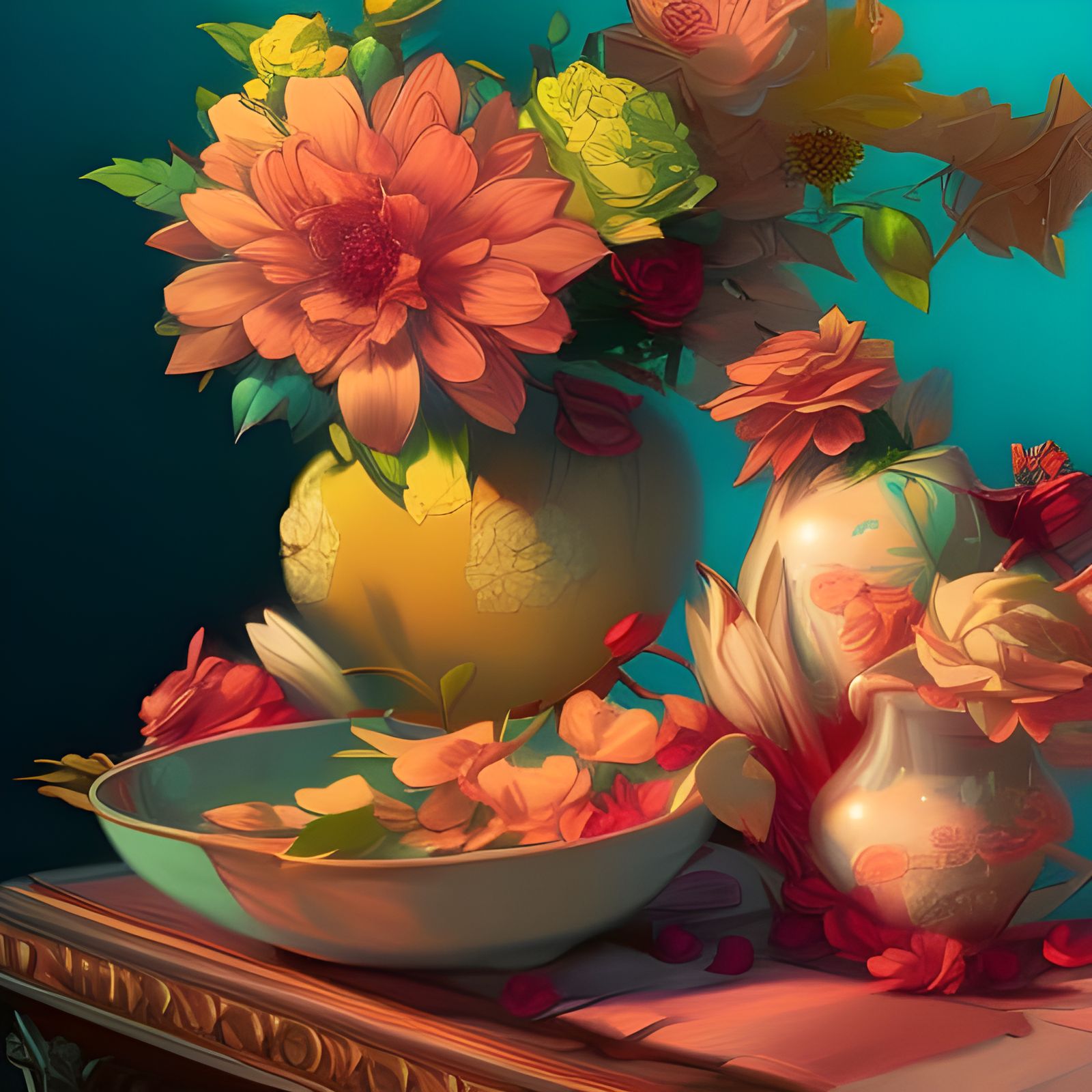 Floral Still Life with Chinese Porcelain, Hyperdetailed