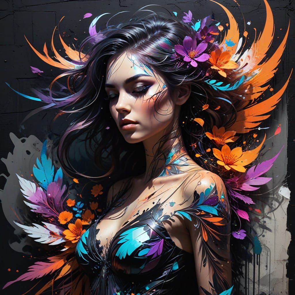 Mystical Flower Siren in Vibrant Graffiti Fusion