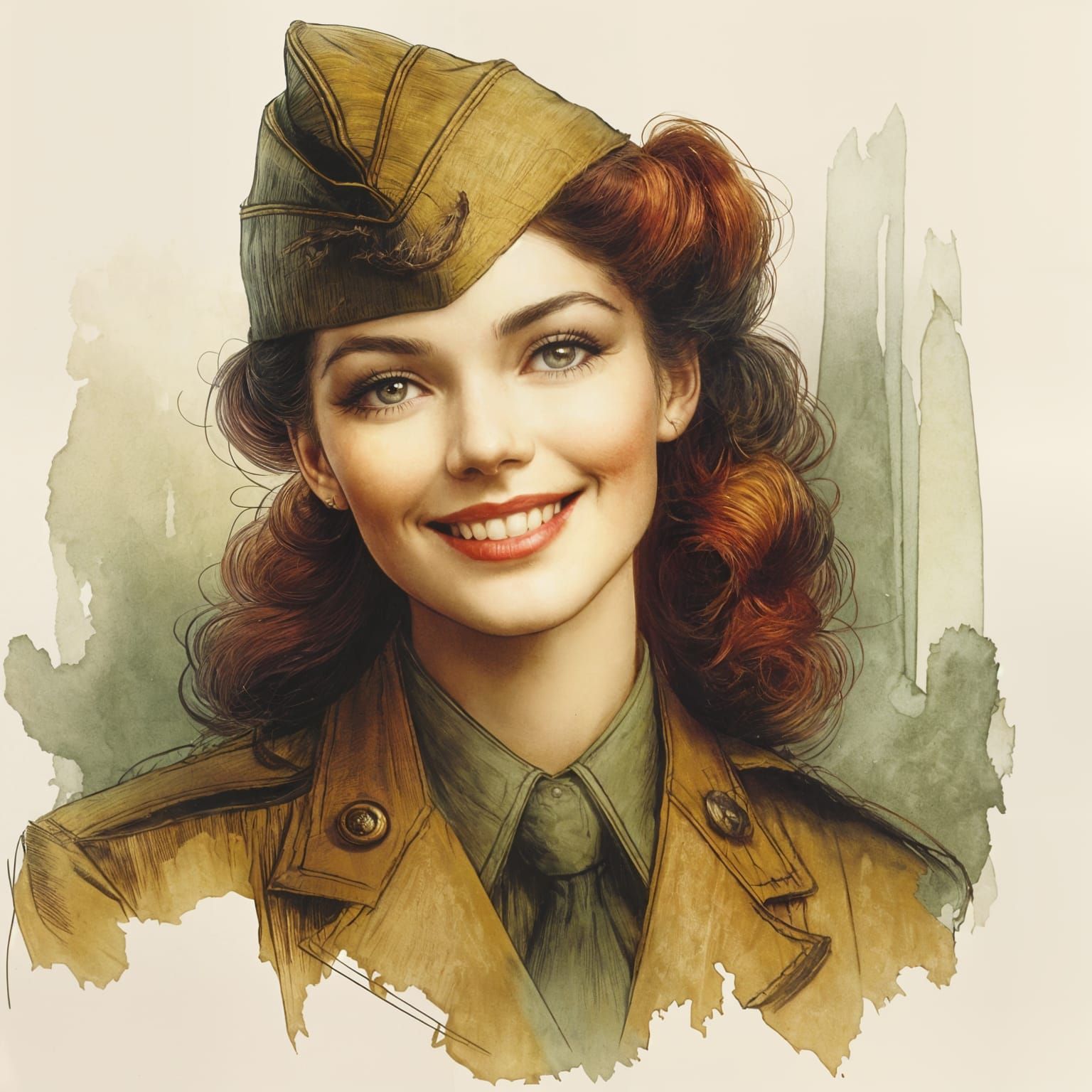 Vintage Military Woman Portrait in Watercolor Style