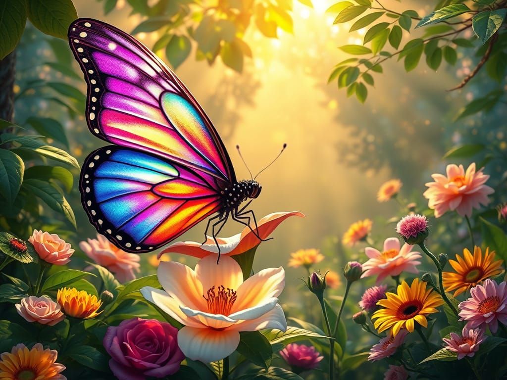 Majestic Iridescent Butterfly in Enchanted Garden