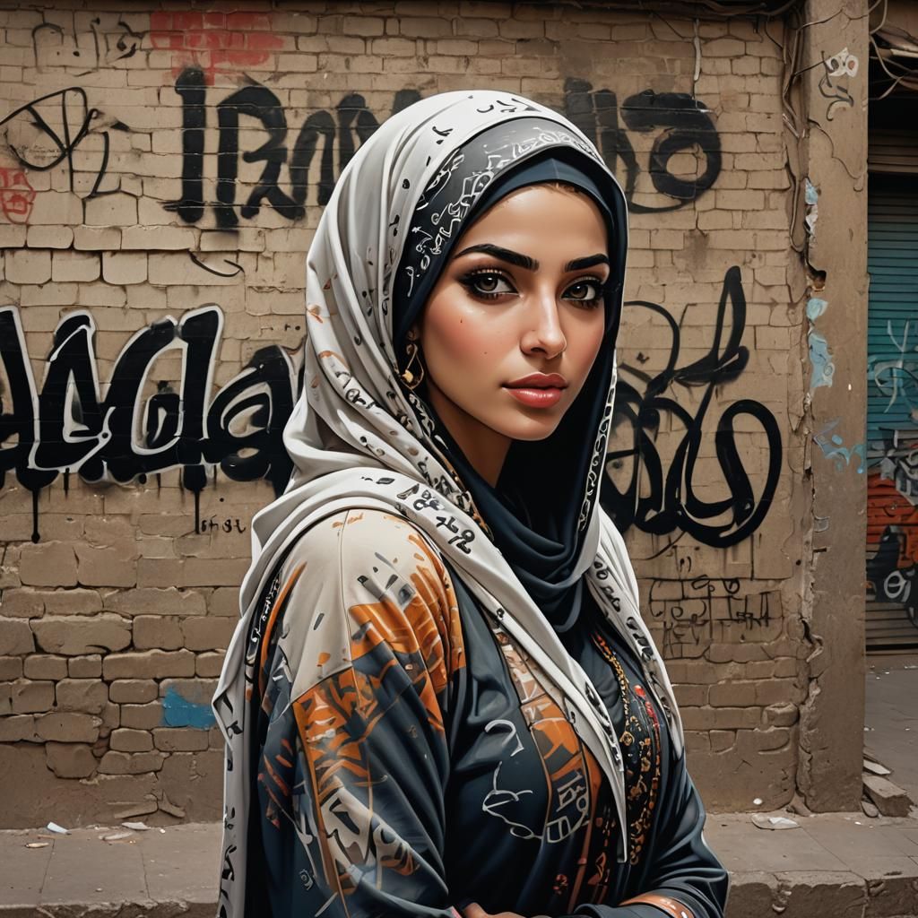 Beautiful Veiled Girl in Cityscape Graffiti, 3D Render