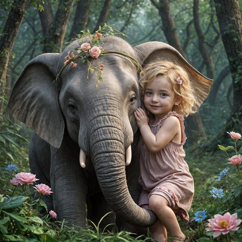 Elephant and Little Girl in Whimsical Forest