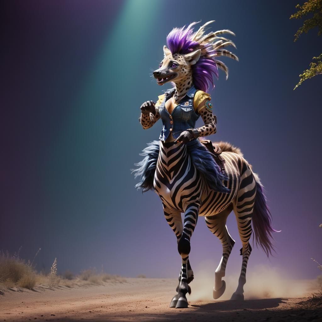 Hyena-Peacock Centaur in Photorealistic Cartoon Style