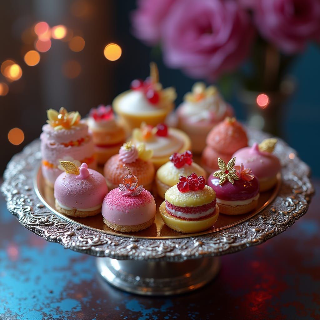 Jewel-Encrusted Desserts on Silver Platter