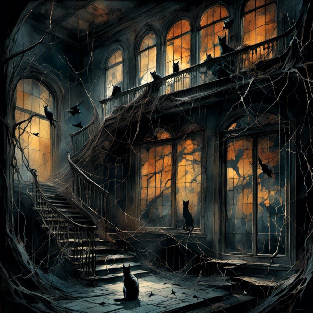 Frightened Cat in Haunted House, Dark Fantasy Art