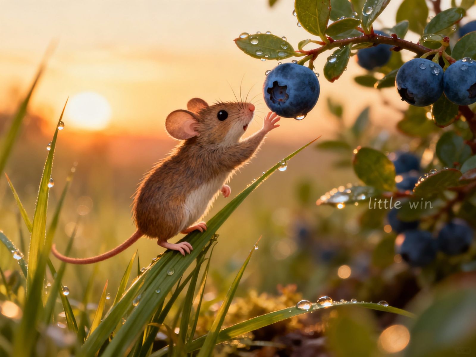 Mouse Reaches Ripe Berry in Golden Sunset Light