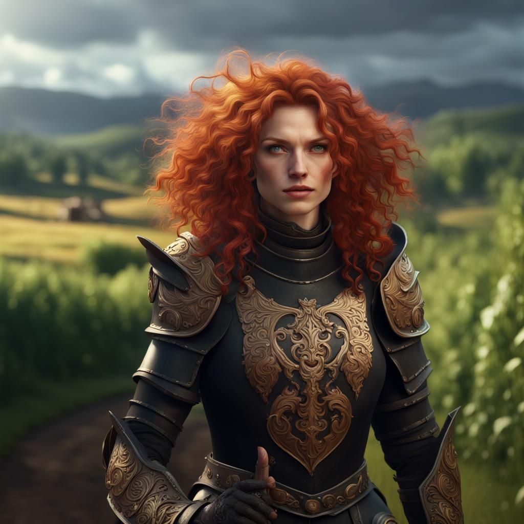 Fantasy Noble Lady in Black Armor on Farmland Road