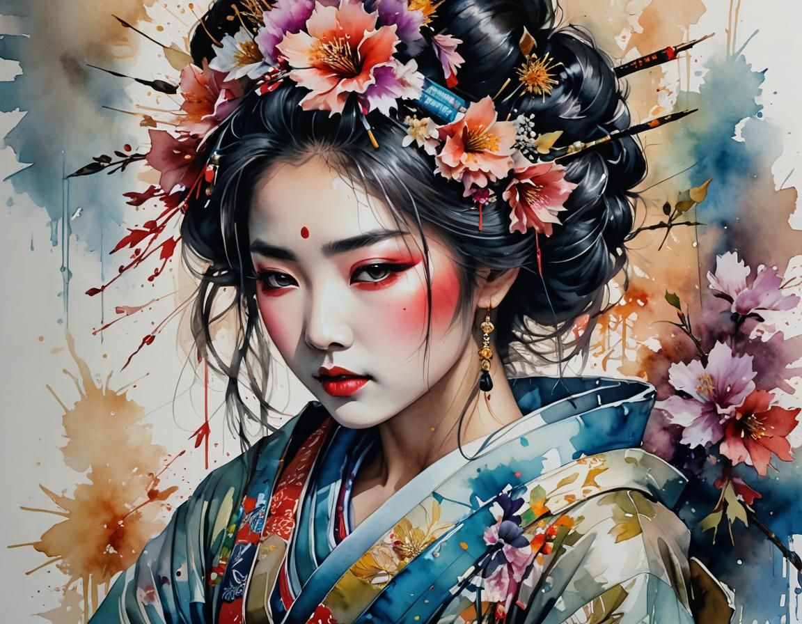 Beautiful Geisha in Watercolor Portrait Style