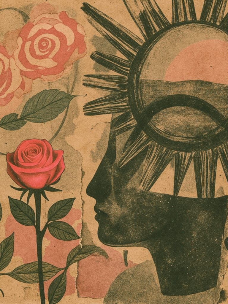 Bronze Sun with Pink Roses in Chaotic Mixed Media Art