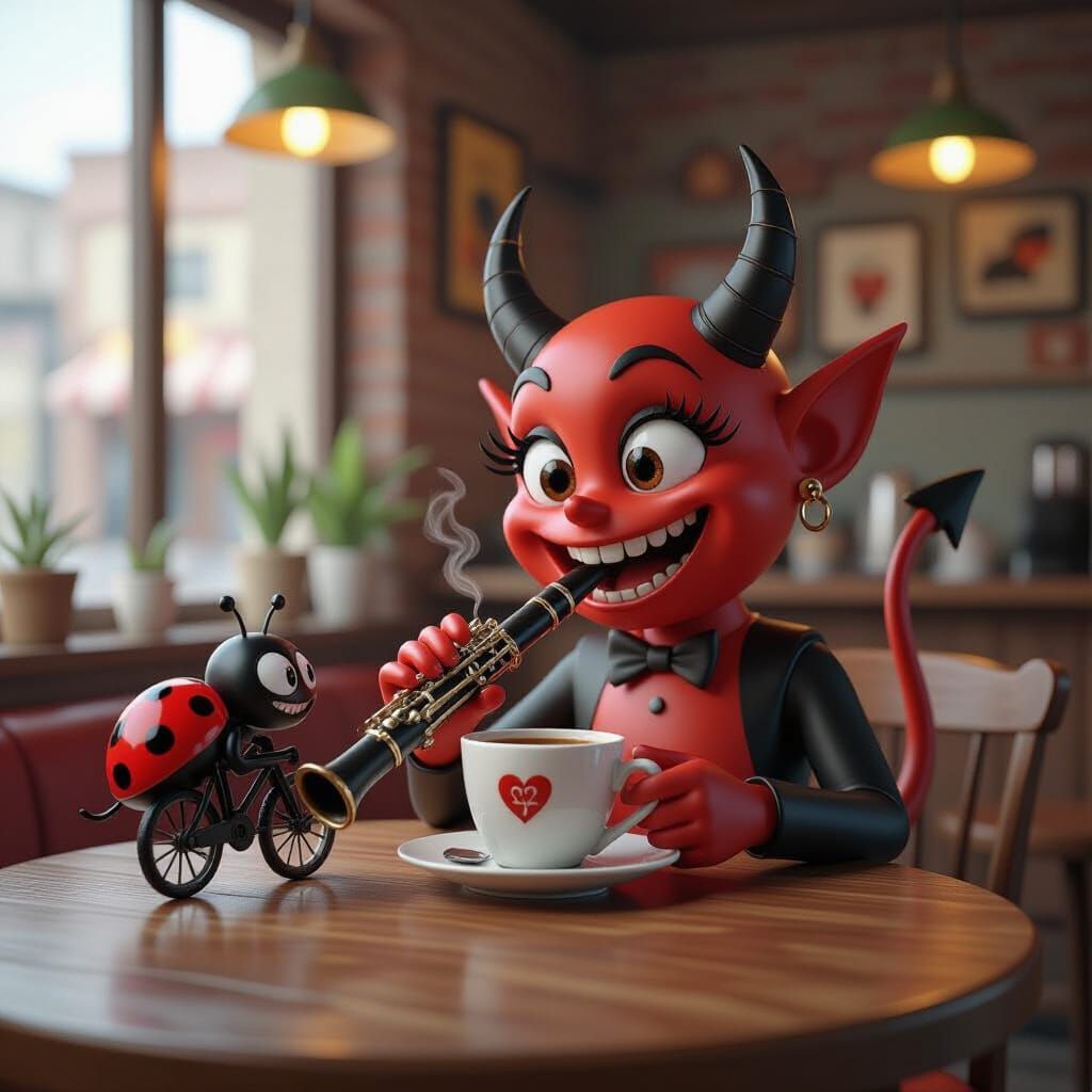 Cartoon Devil Plays Clarinet in Cafe with Ladybirds and Shar...