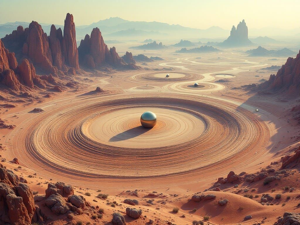 Vivid Zen Landscape with Chrome Spheres Orbiting a Granite T...