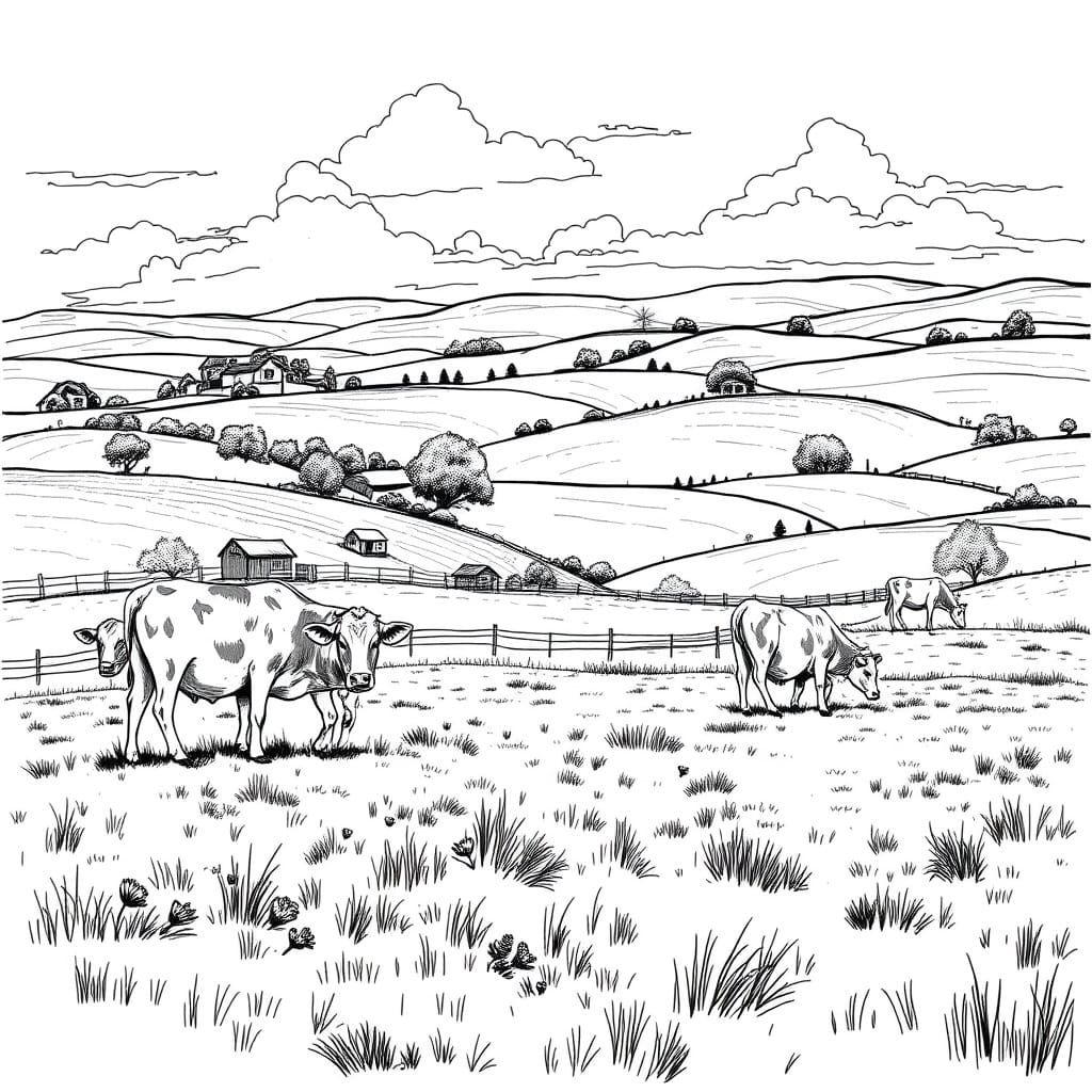 Farm with Grazing Cows in Black and White Sketch