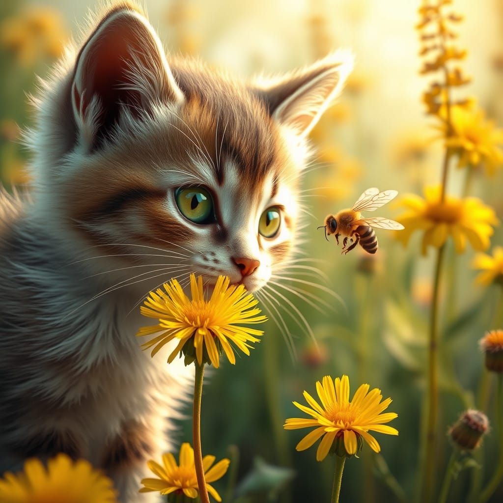 Whimsical Kitten Watches a Busy Bee on a Sunny Dandelion