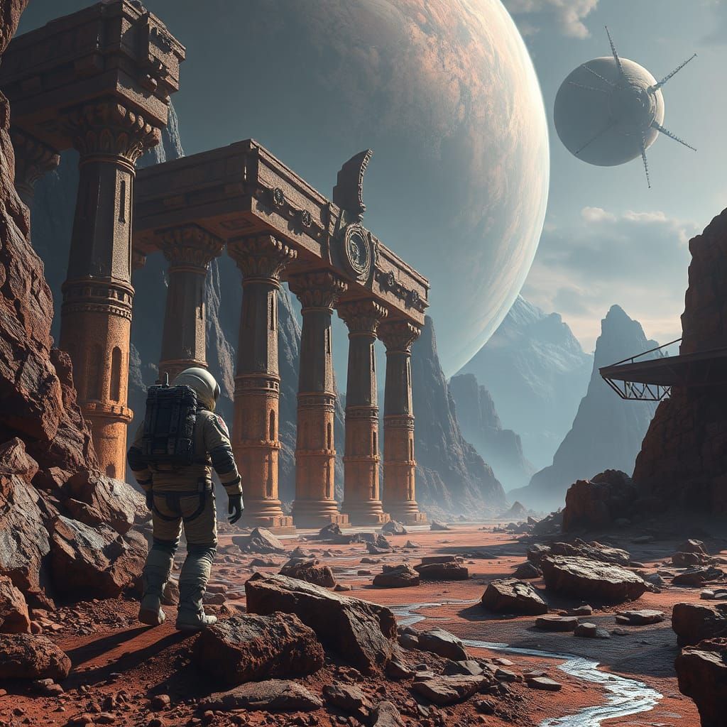 Astronaut Exploring Ancient Alien Ruins: Matte Painting