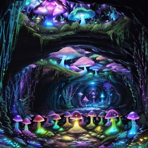Psychedelic Bioluminescent Mushrooms in a Cave Garden