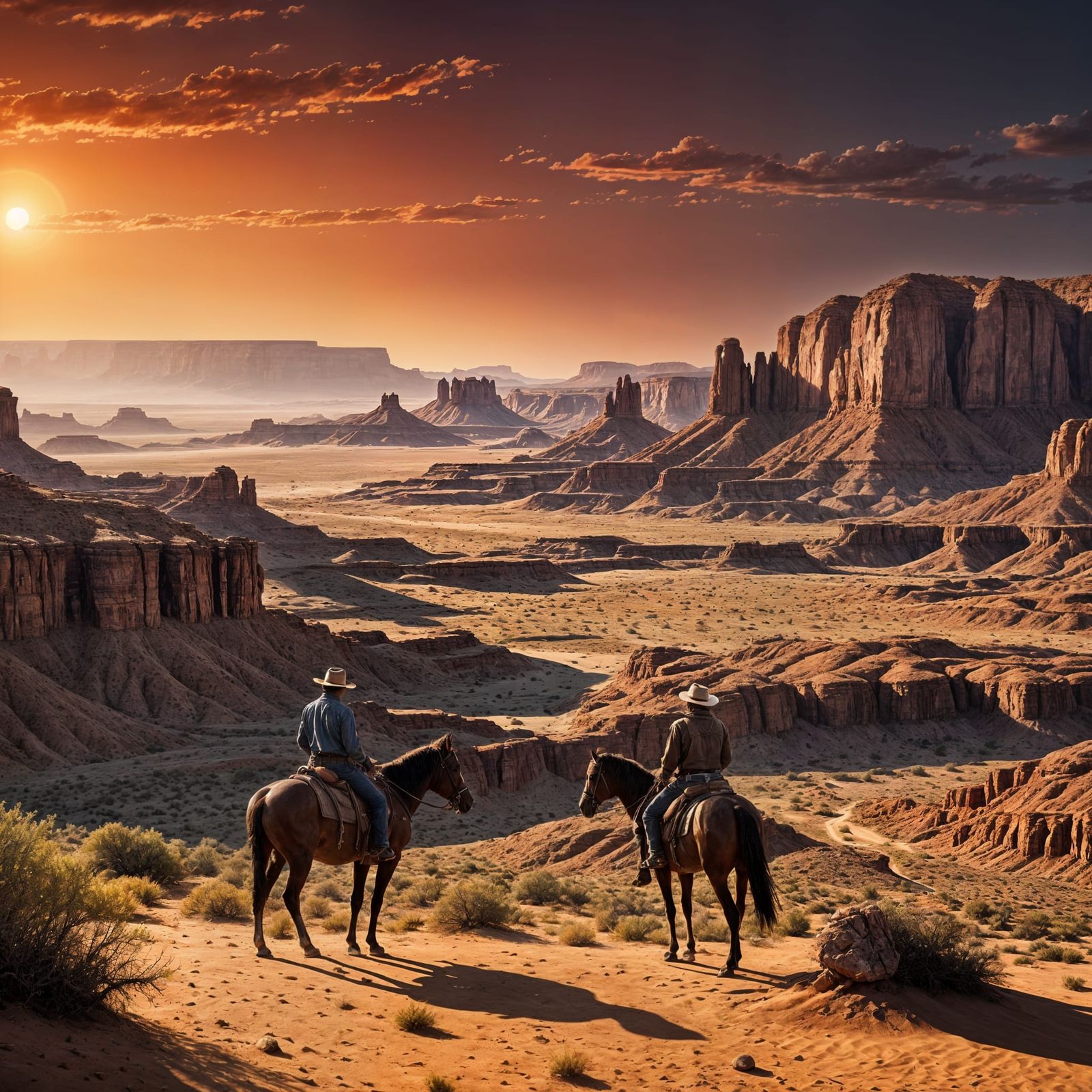 Lone Cowboy at Crimson Desert Sunset