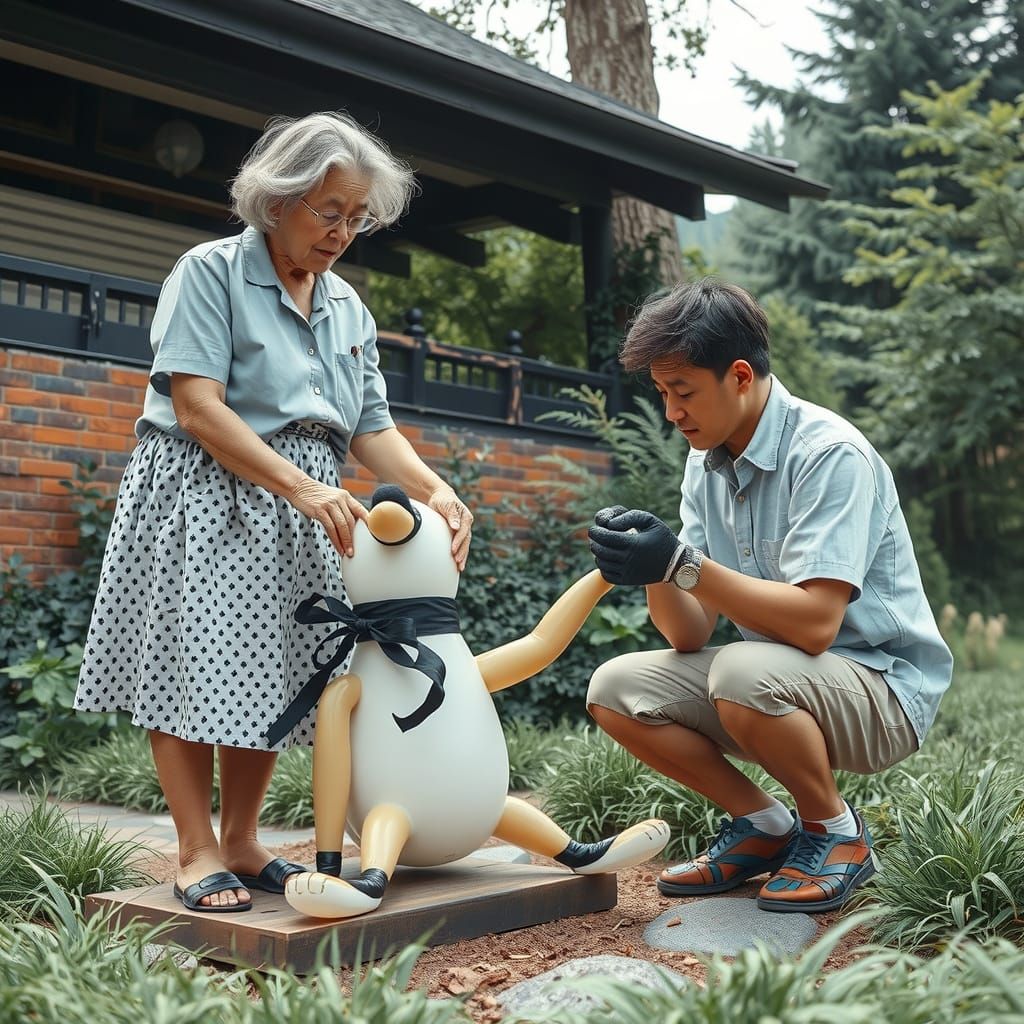 Ethereal Balloon Figures in Silhouetted Forest, Linocut Styl...