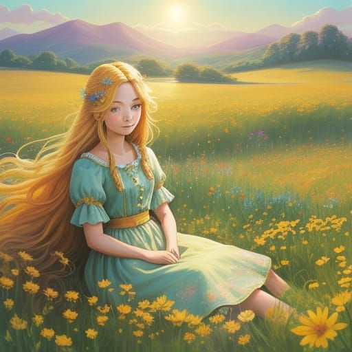 Whimsical Girl in Sunlit Wildflower Meadow