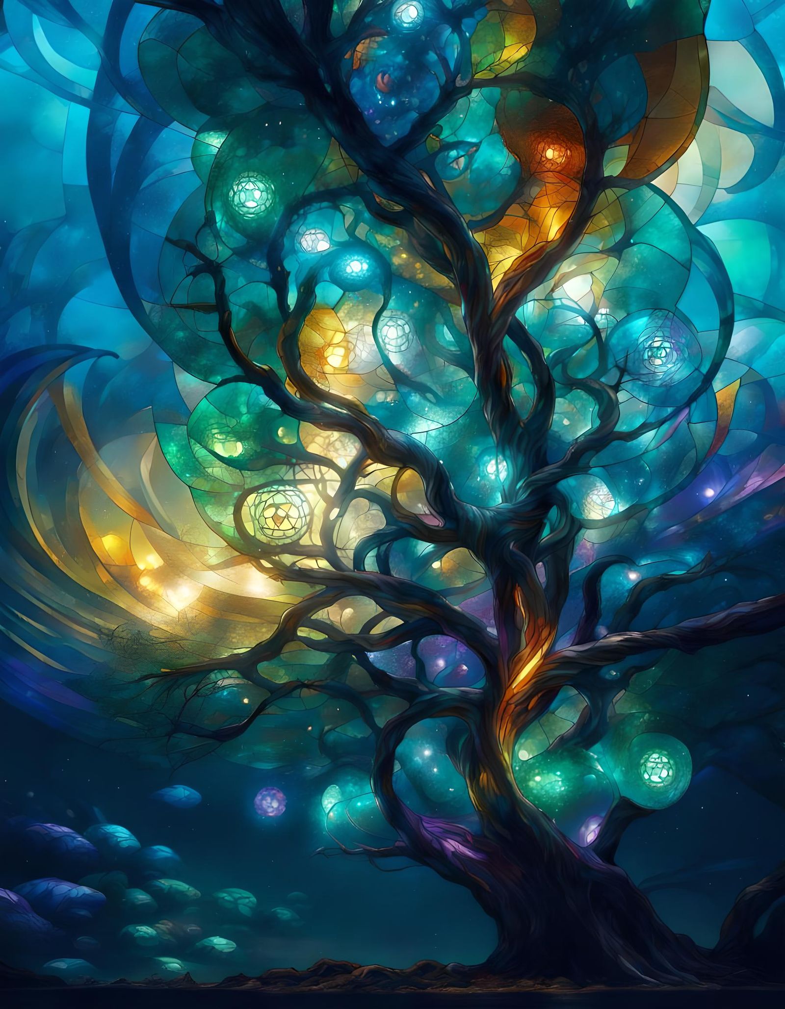 Bioluminescent Stained Glass Tree with Sacred Geometry