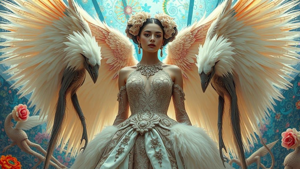 Dreamlike Portrait with Winged Creatures in Klimt Style