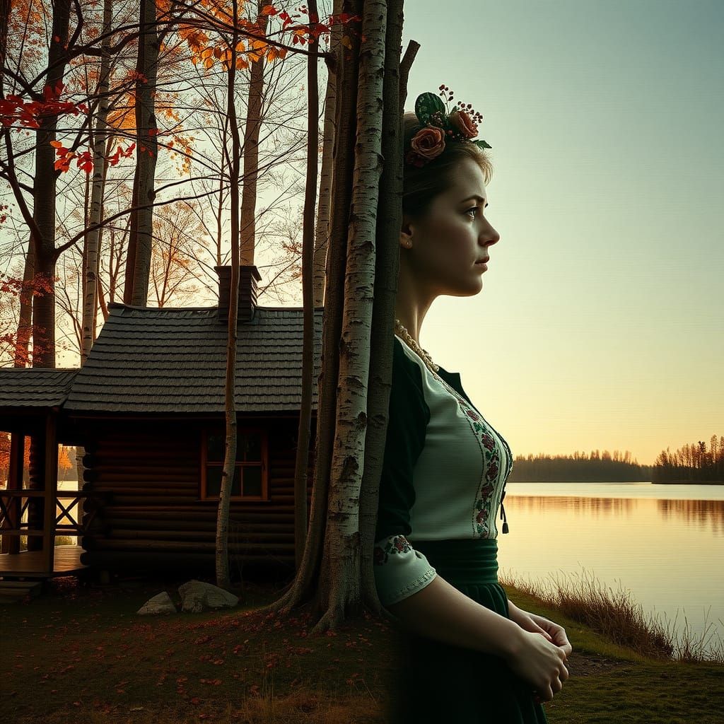 Lithuanian Woman in Forest: Double Exposure Art