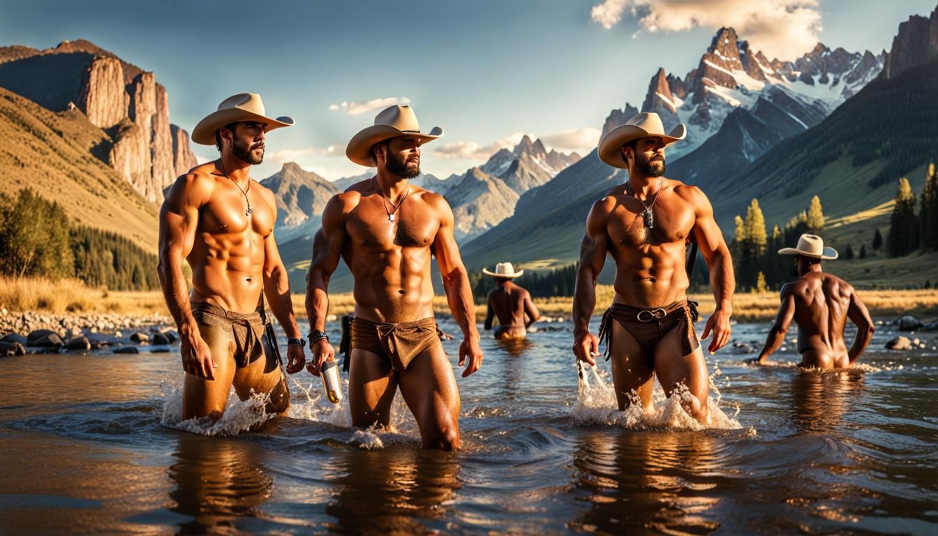 Hyperrealistic Cowboys Bathing in River Landscape