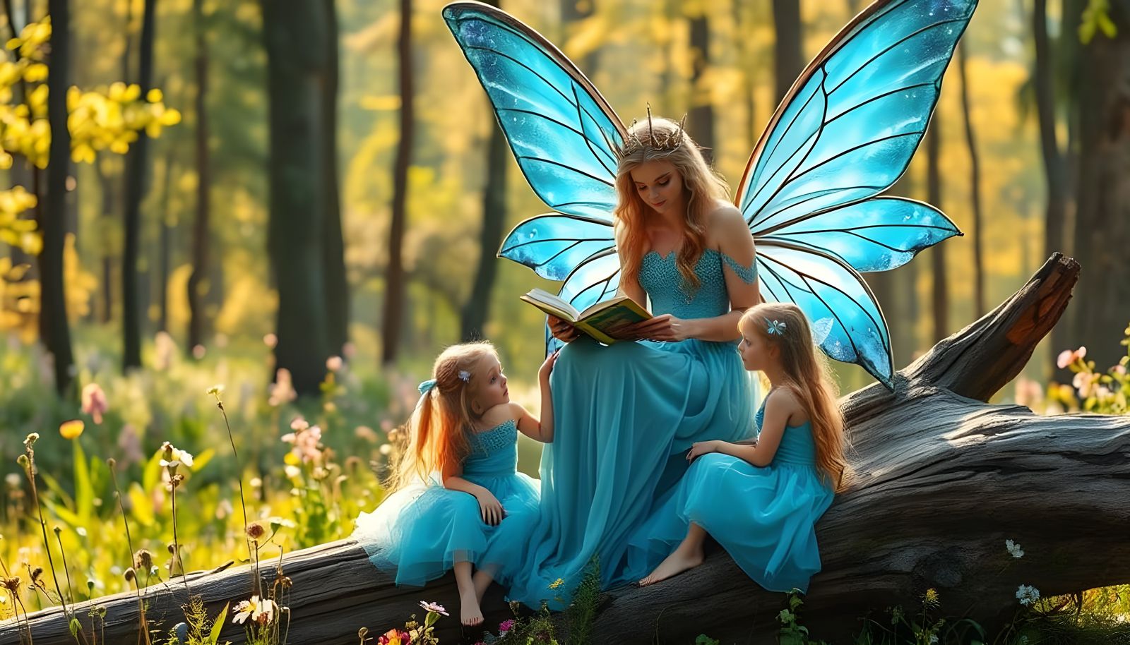 Fairy Queen Reads to Her Enchanted Daughters in a Sunlit For...
