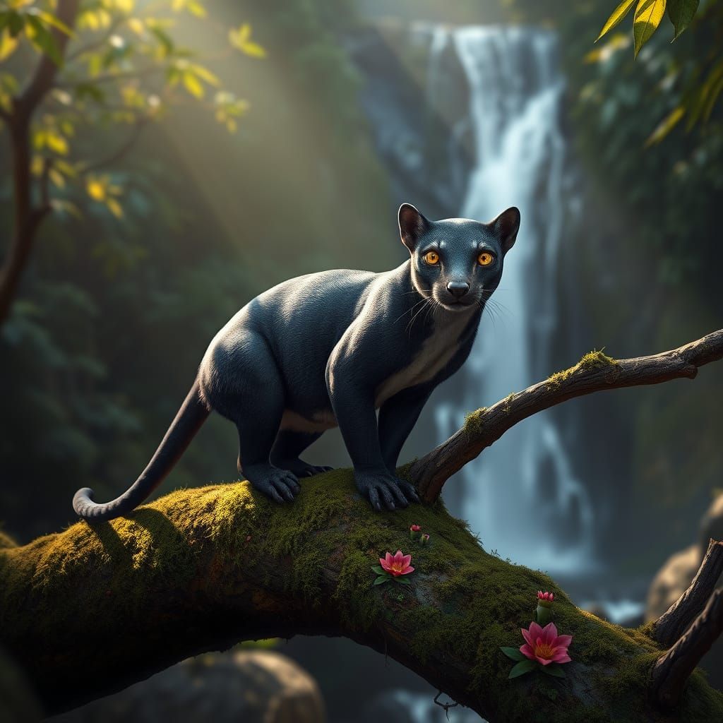 Photorealistic Jaguarundi in a Sun-Dappled Forest Glade