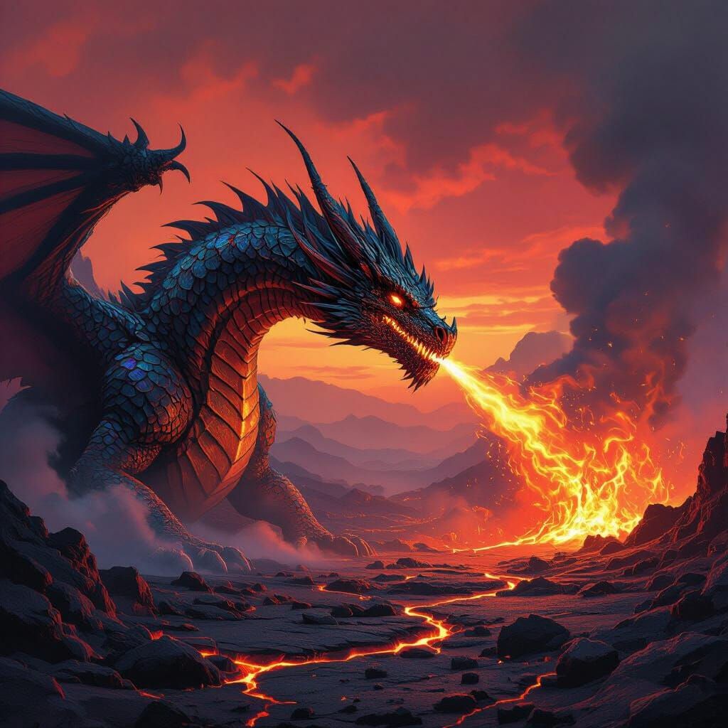 Dragon Exhaling Embers in Volcanic Landscape