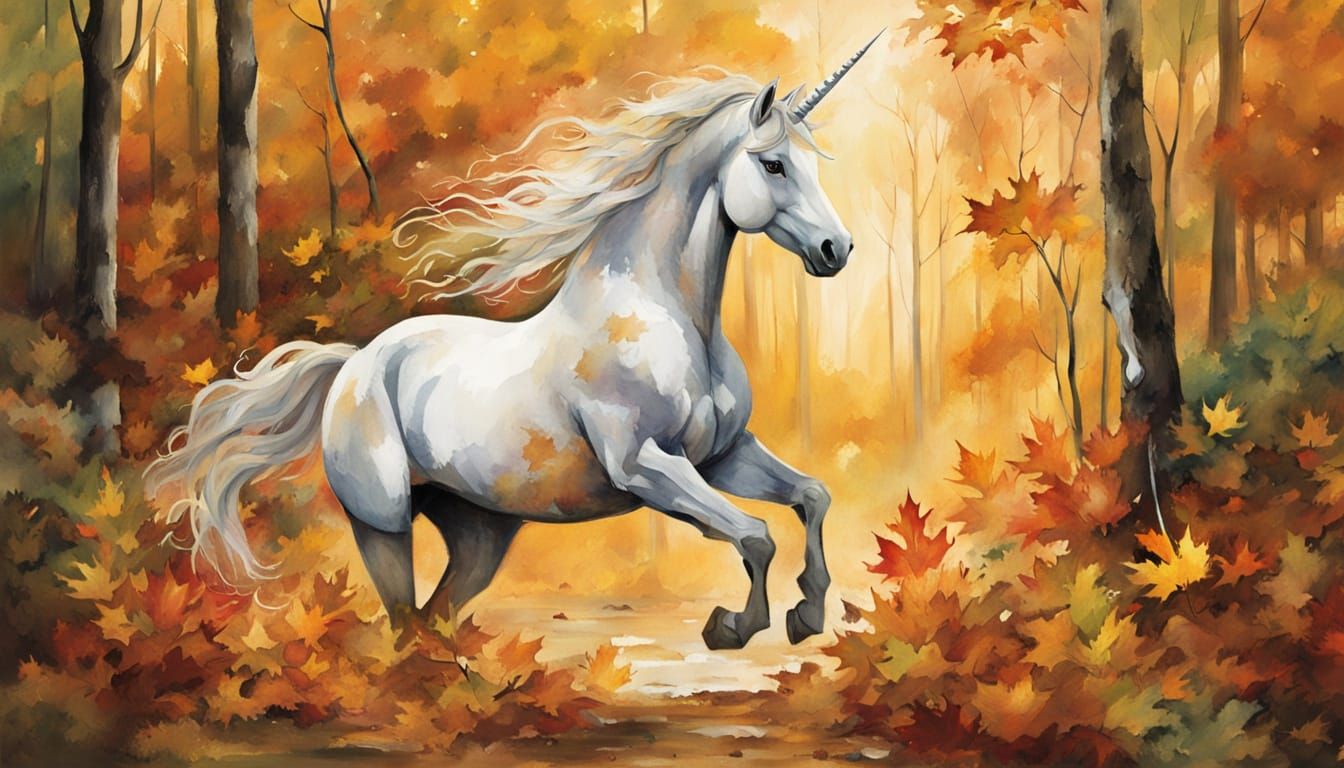 Watercolor Autumn Unicorn Gallops in Forest