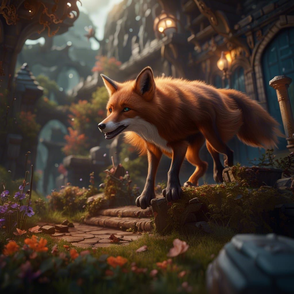 Fox Jumps Over Dog: Detailed Fantasy Art