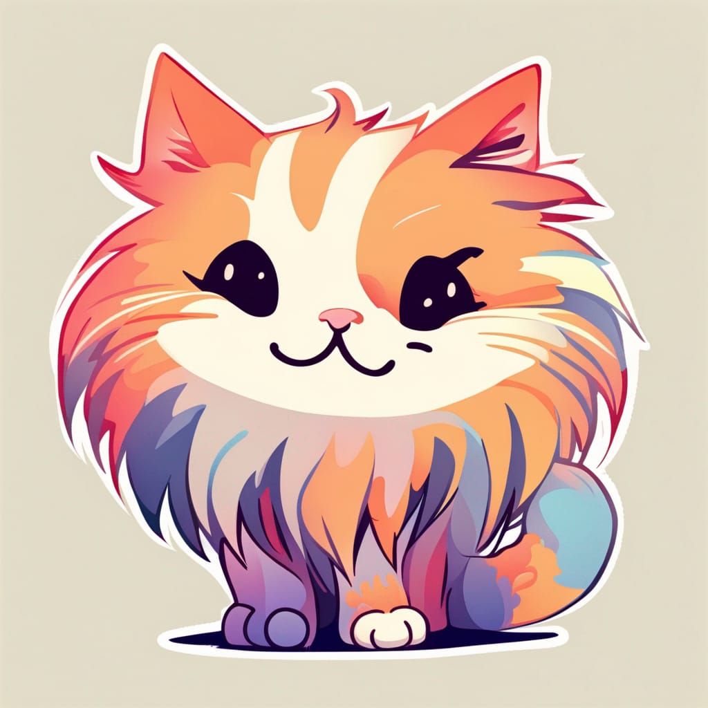 Friendly Winking Long-Haired Cat in Chibi Abstract Style