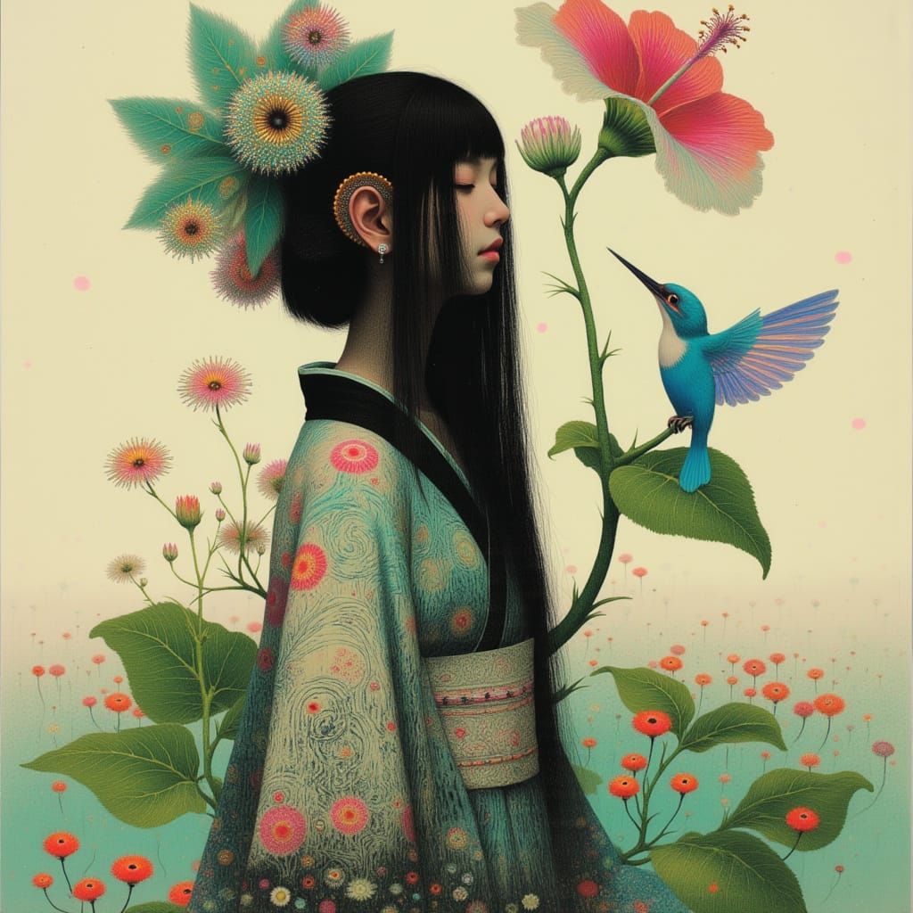 Japanese Woman with Hibiscus Flower in Anime Style